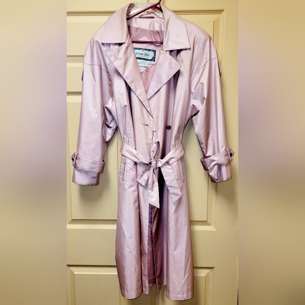 VINTAGE British Mist Pink Metallic Sheen Trench Coat Size 12P